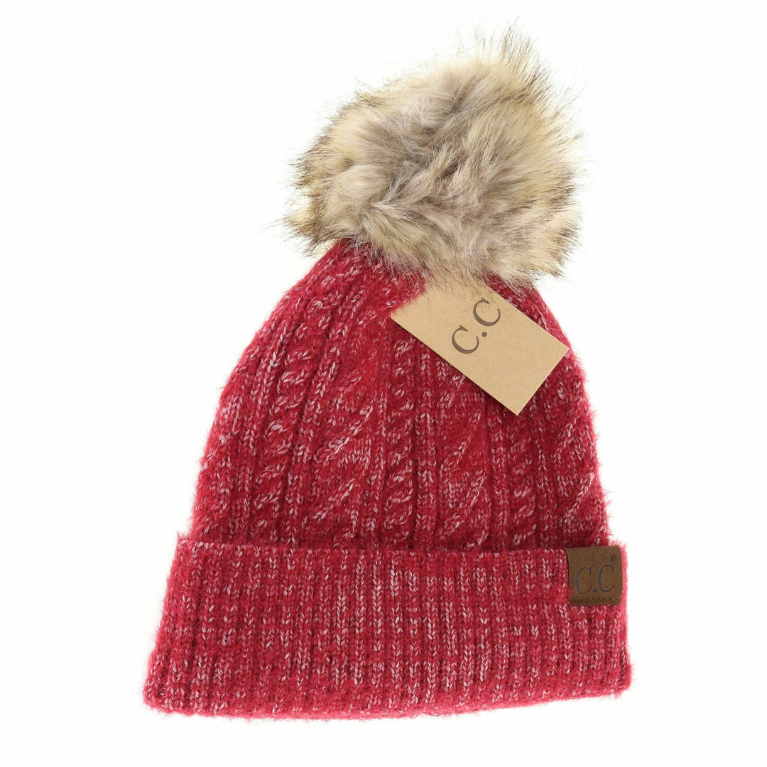 Crimson  Soft Cuff Cable Knit Fur Pom C.C Beanie