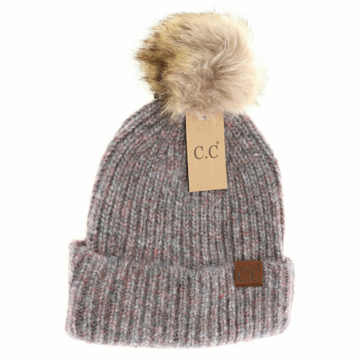 Dk. Grey Multi Soft Ribbed Fur Pom C.C Beanie