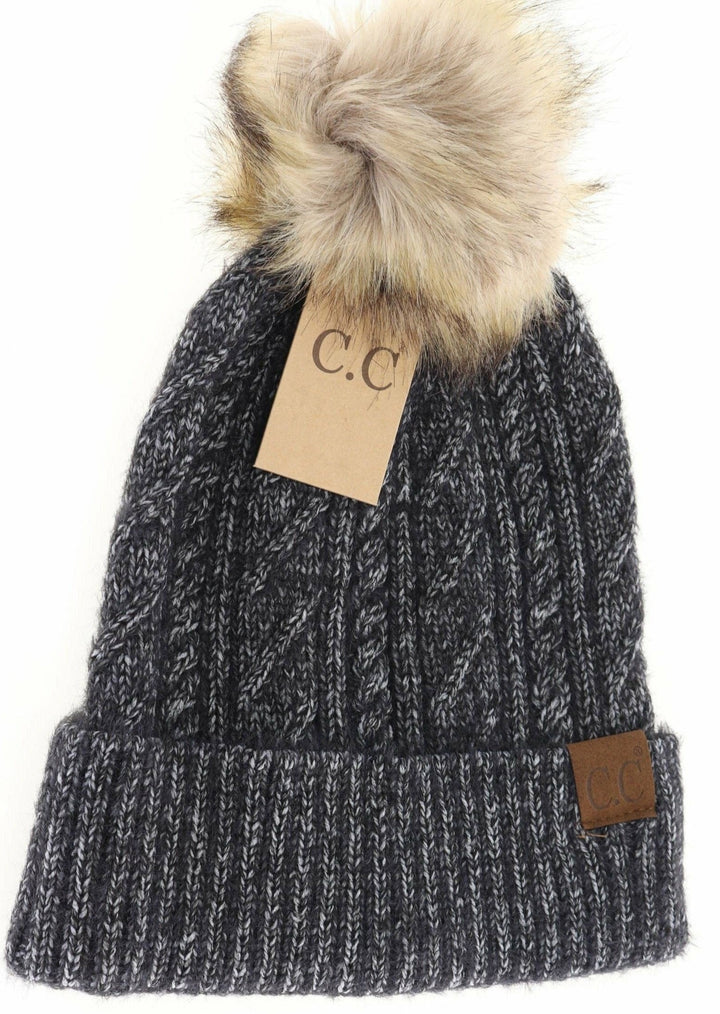 Black  Soft Cuff Cable Knit Fur Pom C.C Beanie