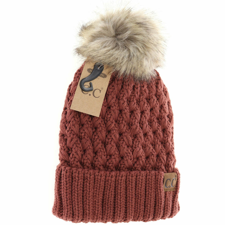 Brick Solid Lattice Stitch Fur Pom CC Beanie