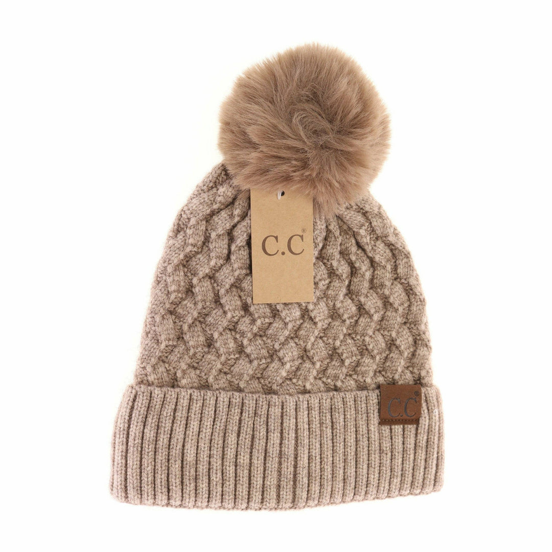 Taupe  Woven Cable Knit Cuffed Matching Fur Pom C.C Beanie