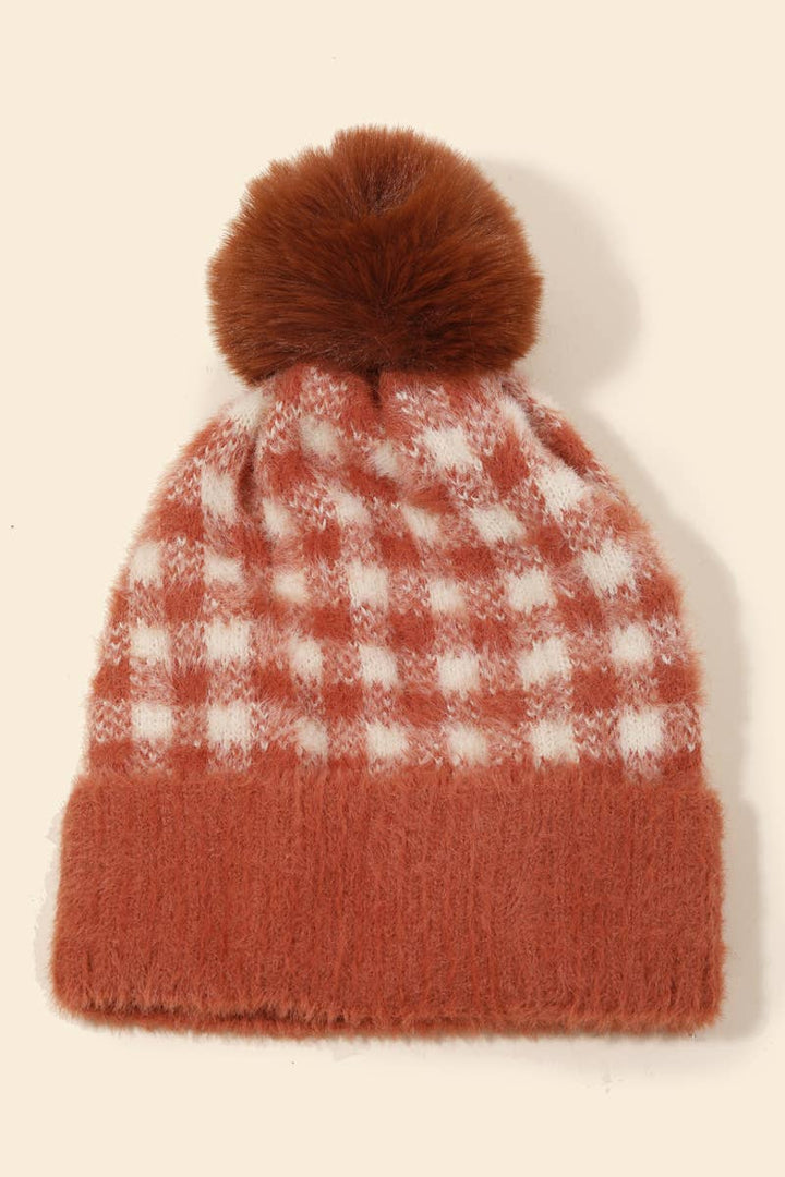 CLEARANCE FINAL SALE Fuzzy Pompom Plaid Beanie Fuzzy in Rust