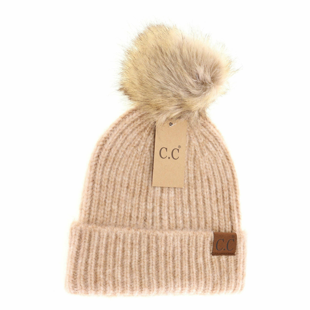 Sand Soft Ribbed Fur Pom C.C Beanie