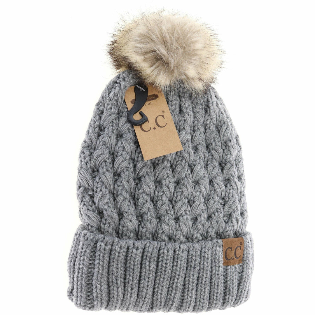 Lt. Grey Solid Lattice Stitch Fur Pom CC Beanie