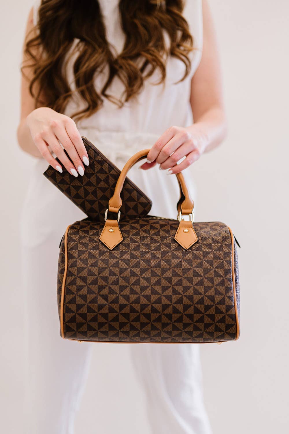 Meghan 2 -piece Bag + Wallet Set: Brown Pinwheel