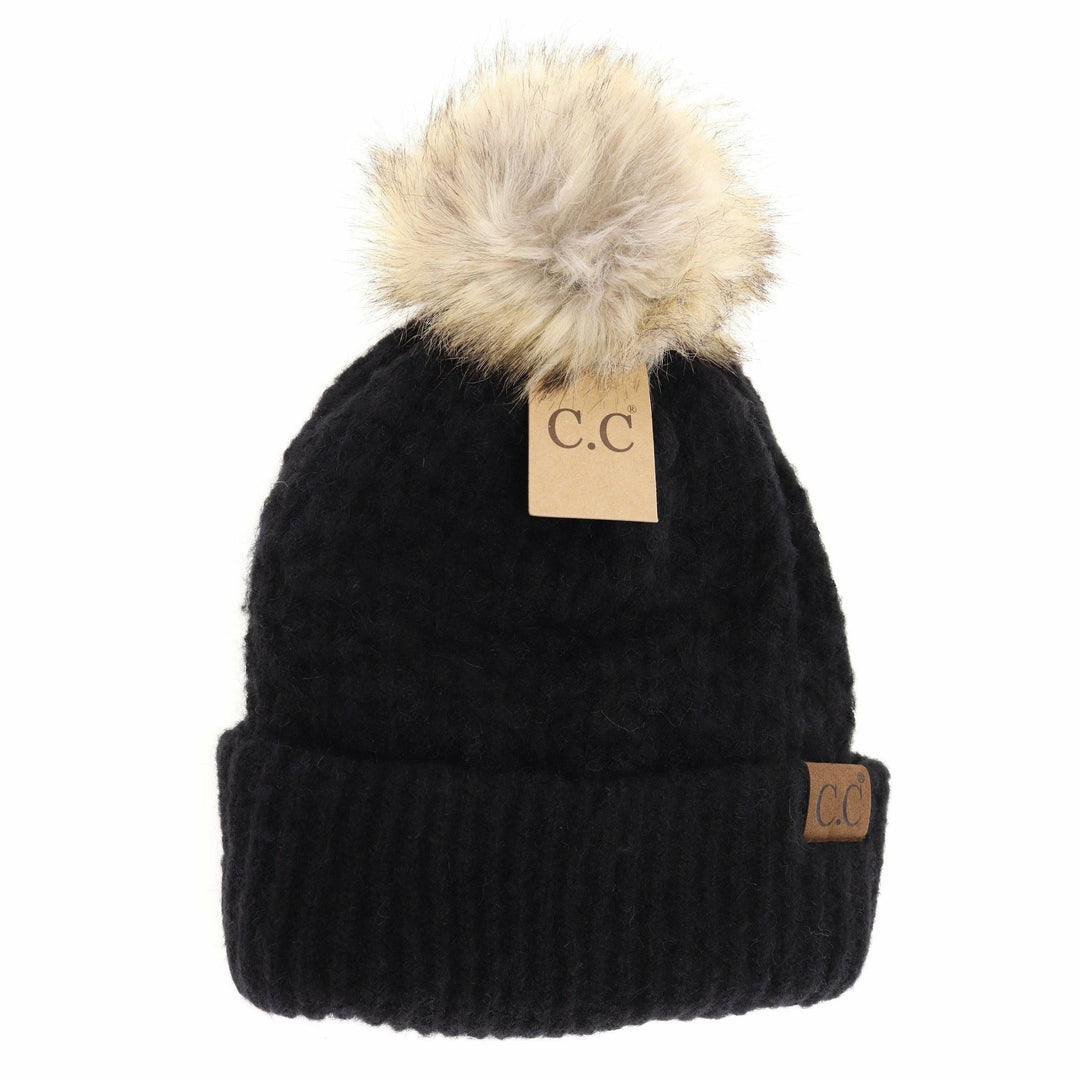 Black Solid Smocked Stitch Fur Pom C.C Beanie